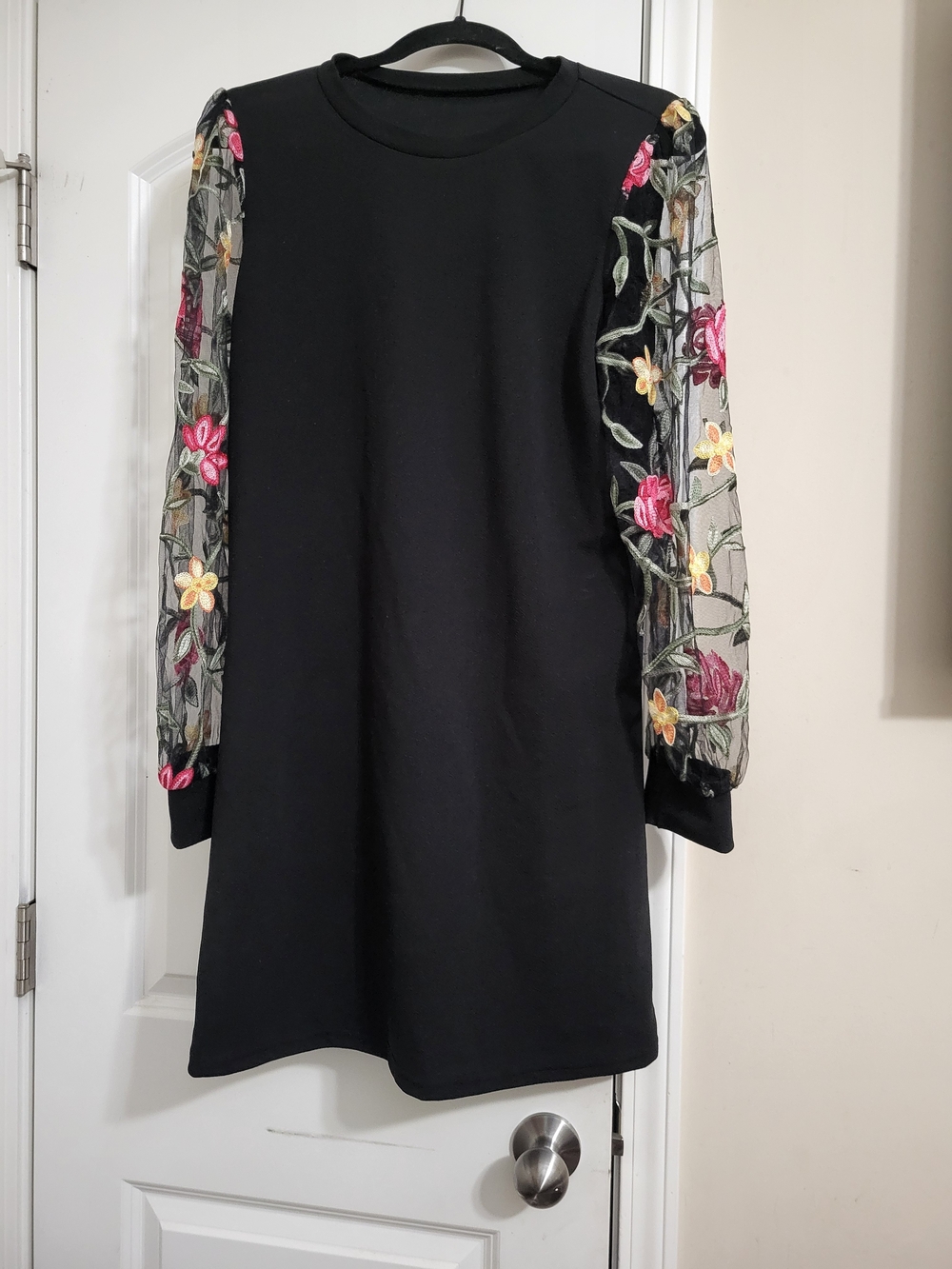 Black Dress with Floral Embroidered Mesh Sleeves